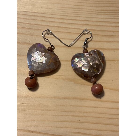Handmade Heart Shaped Shell & Wood Bead Dangle Earrings - Picture 1 of 3